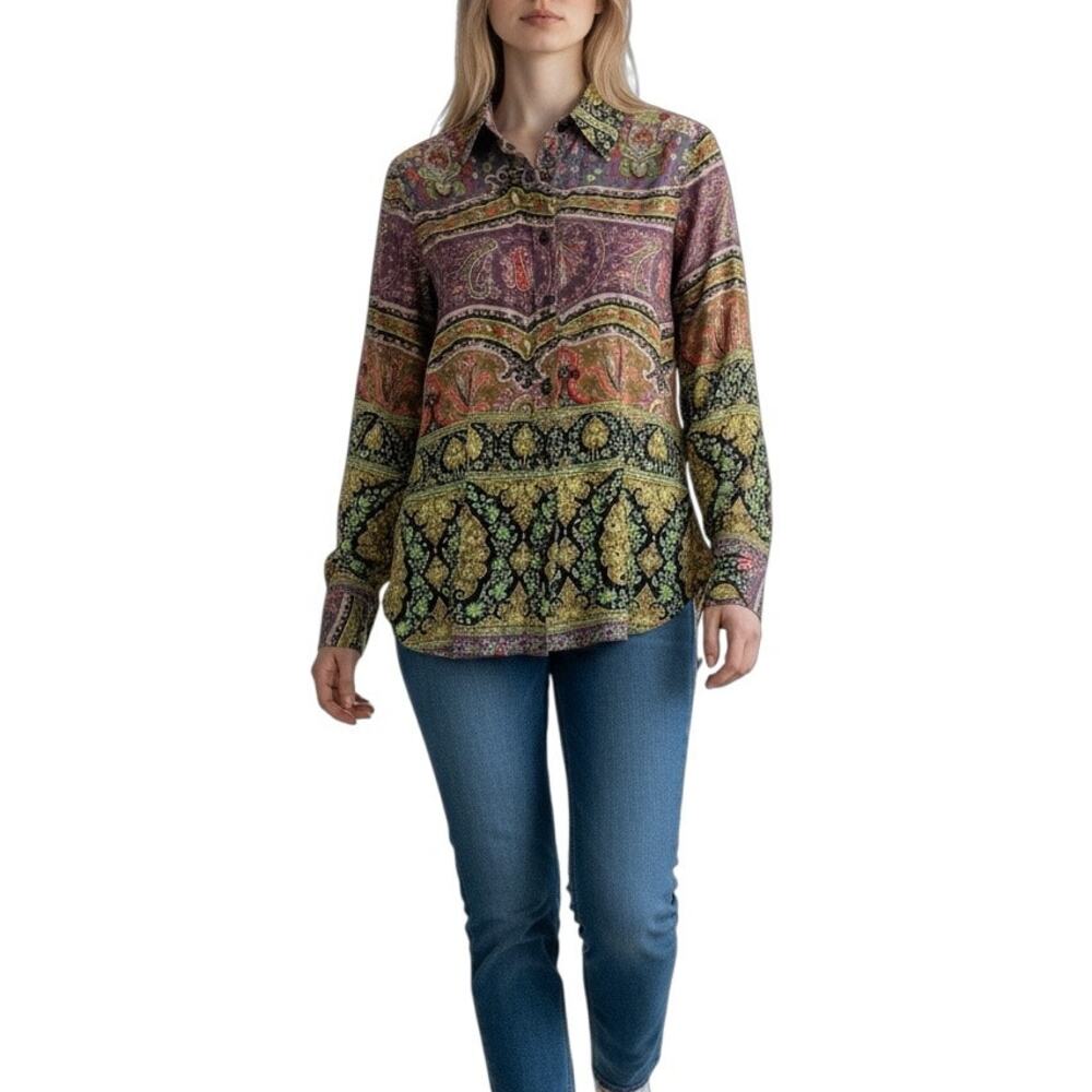 ETRO Button Up Top Multicolor Paisley Print Long Sleeve